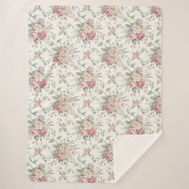 Couverture Sherpa Roses pastel élégant shabby chic (Devant)