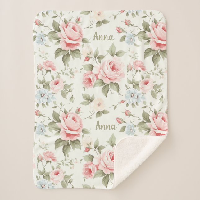 Couverture Sherpa Roses roses romantiques partout sur Motif avec nom (Devant)