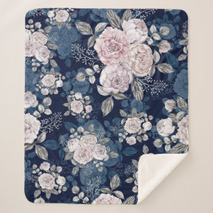 Couverture Sherpa Roses roses roses Bleu foncé : Vintage