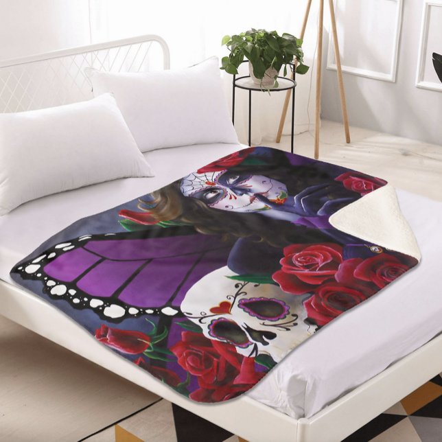 Couverture Sherpa Roses rouges violettes Crâne de sucre Fée Jour des (Créateur téléchargé)