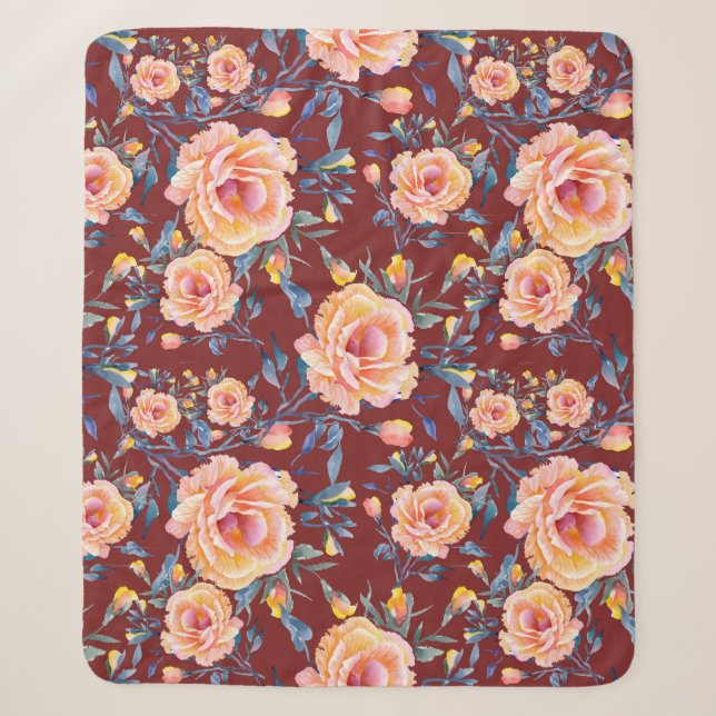 Couverture Sherpa Roses, sans soudure, motif arrière - plan rouge (Devant)
