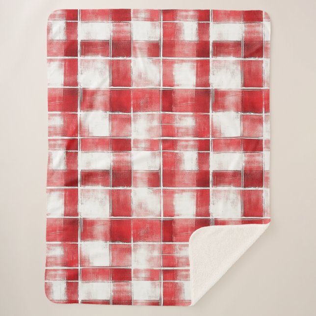 Couverture Sherpa Rouge Blanc Carreaux Rayures   (Devant)
