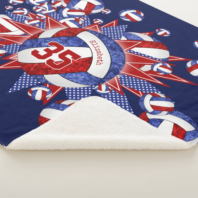 Couverture Sherpa rouge bleu girly volleyballs étoiles nom personnal (3/4)