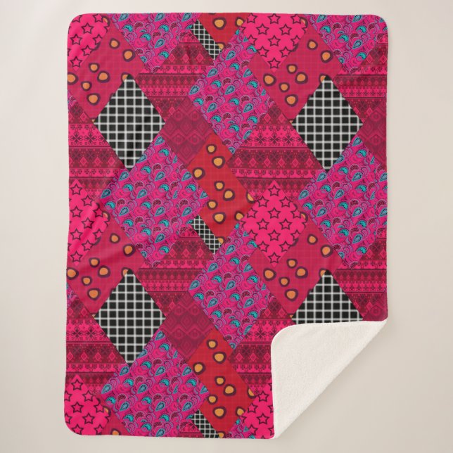 Couverture Sherpa Rouge Crimson coloré patchwork (Devant)