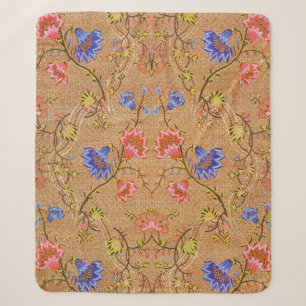 Couverture Sherpa Rouge Impérial & Or Broderie Florale en Soie
