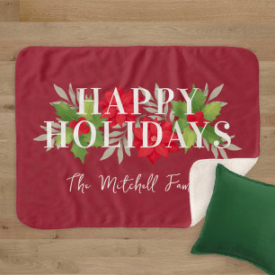 Couverture Sherpa Rouge Joyeuses Fêtes Poinsettia Nom de Famille
