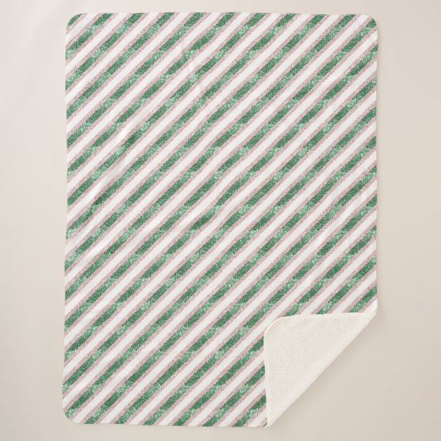 Couverture Sherpa Rouge rosé vert rayures scintillantes  (Devant)