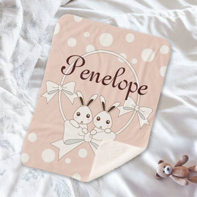 Couverture Sherpa Ruban blanc blanc cassé rose pastel et lapin jumea (Créateur téléchargé)