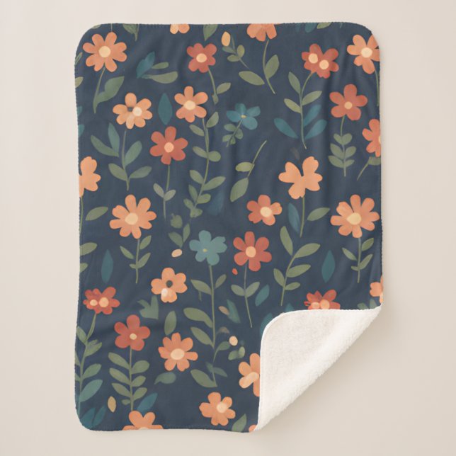 Couverture Sherpa Rustic Wildflower Field Navy Blue Pattern (Devant)