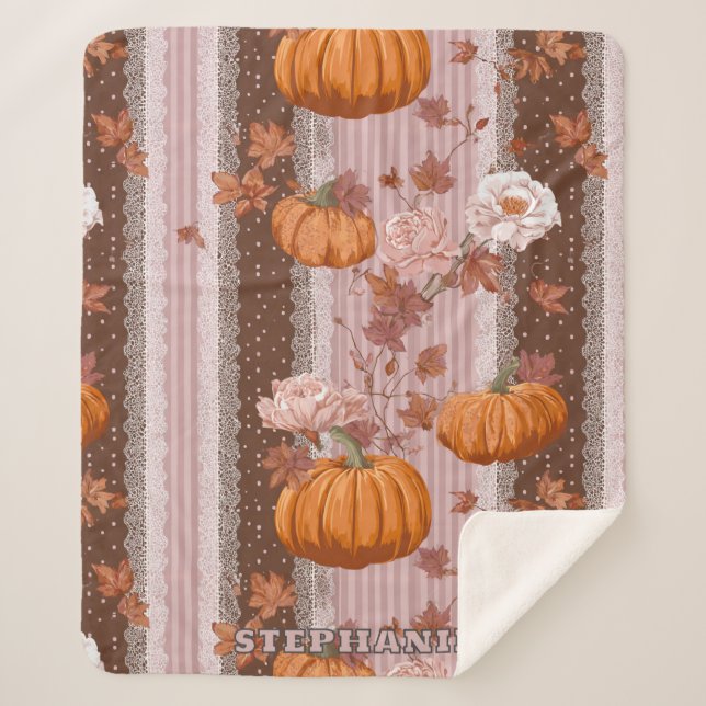 Couverture Sherpa Rustique Citrouilles d'automne & dentelle fleurie  (Devant)