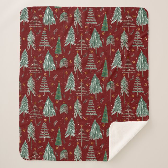 Couverture Sherpa Rustique Forêt d'hiver neige étoiles d'aquarelle r (Devant)