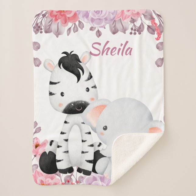 Couverture Sherpa Safari Personnalisé Animaux Fille Blanche bébé (Devant)