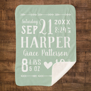 Couverture Sherpa Sage Green Baby Girl Birth Stats Couleurs modifi