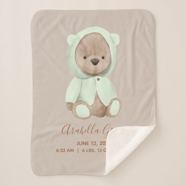 Couverture Sherpa Sage Green Teddy Bear Baby Birth Stats (Devant)