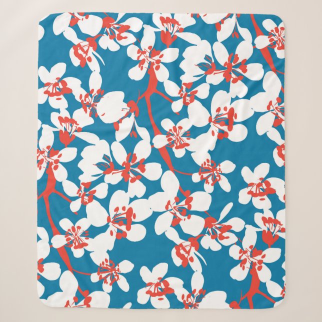 Couverture Sherpa Sakura blanc, motif arrière - plan bleu classique. (Devant)