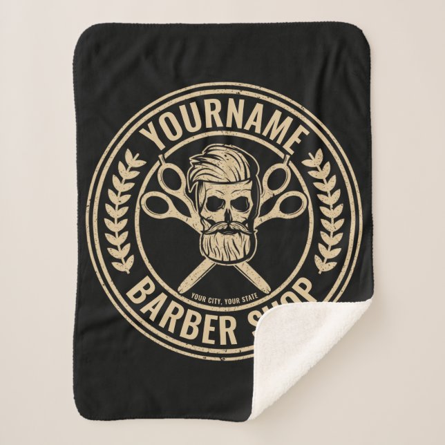 Couverture Sherpa Salon de coiffure personnalisé Skull Rockabilly (Devant)