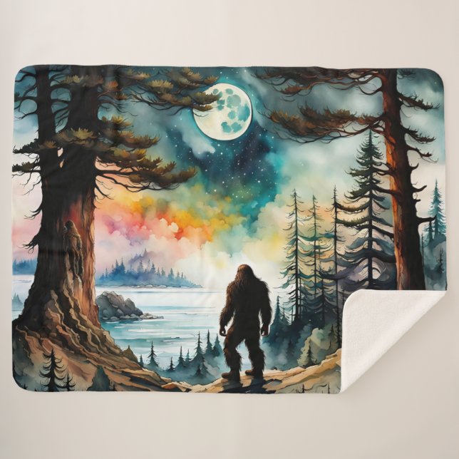 Couverture Sherpa Sasquatch debout sous le clair de lune (Devant (Horizontal))