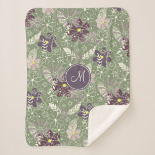 Couverture Sherpa sauge prune violet plumes lilas fleurs motif