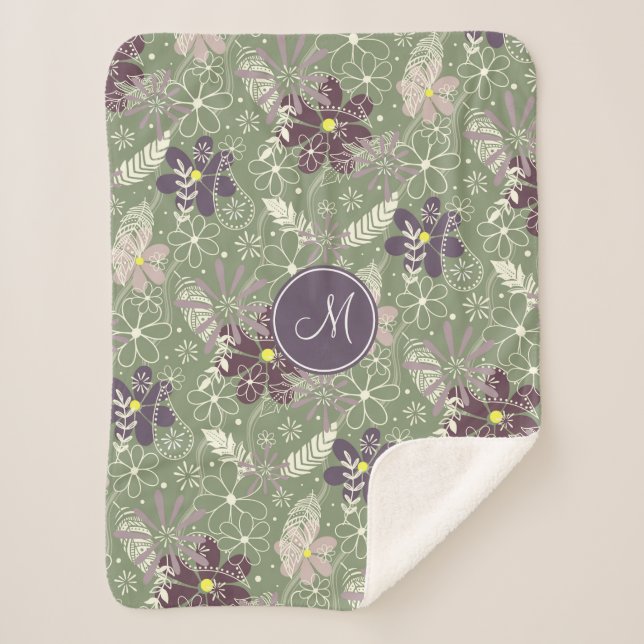 Couverture Sherpa sauge prune violet plumes lilas fleurs motif (Devant)
