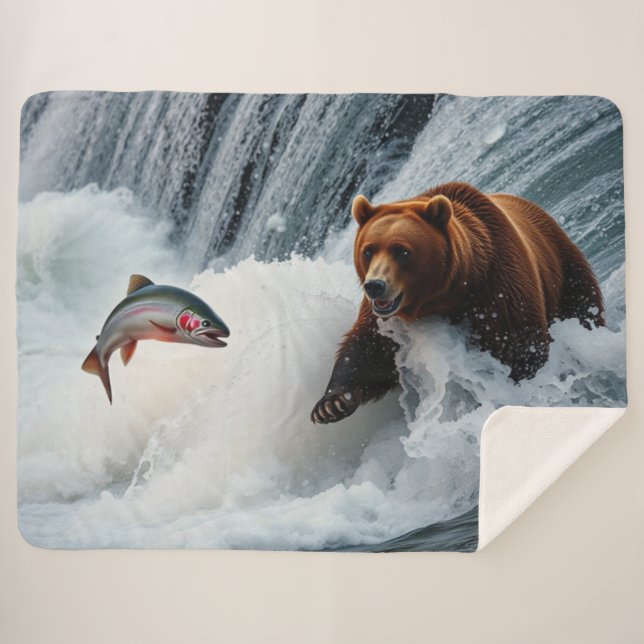 Couverture Sherpa Saumon de prise d'ours grizzli (Devant (Horizontal))