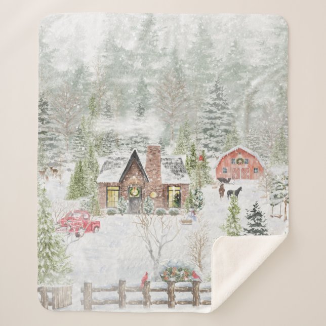 Couverture Sherpa Scène de cabane de Noël en hiver enneigé (Devant)