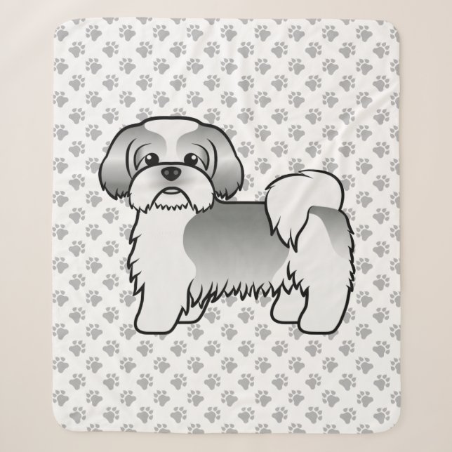 Couverture Sherpa Shih Tzu de dessin animé mignon argent et blanc (Devant)