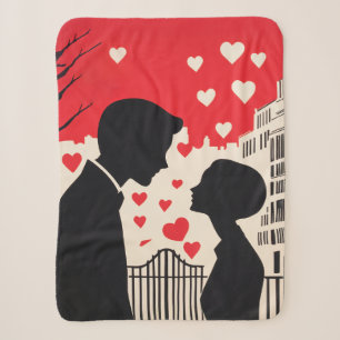 Couverture Sherpa Silhouette romantique Couple Coeurs Cityscape