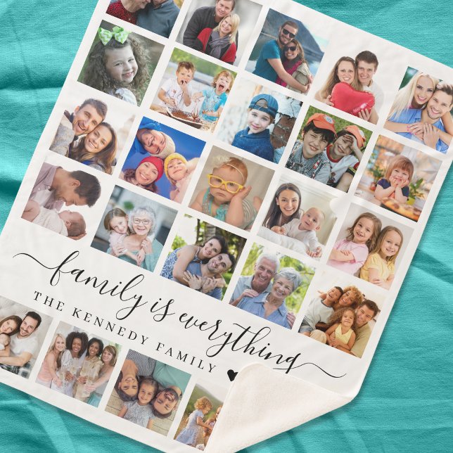 Couverture Sherpa Simple 25 Photo Collage Citation Nom de famille ("Display 25 Precious Memories on Our Custom Sherpa Blanket, Emblazoned with Your Family Name.")