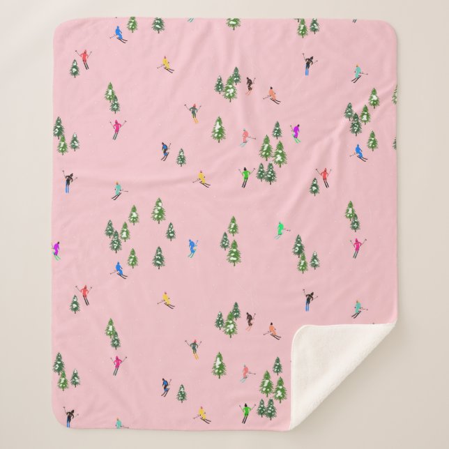 Couverture Sherpa Skieurs roses Ski d'ouverture Noël Ski de vacances (Devant)