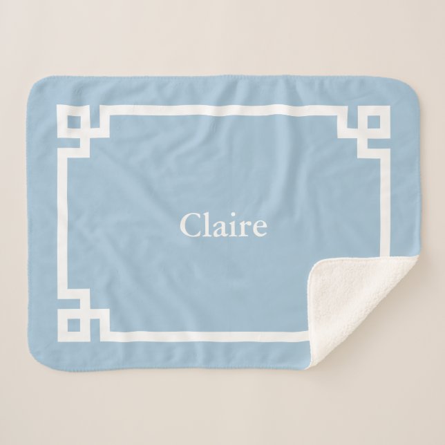 Couverture Sherpa Sky Blue and White Greek Key Monogram (Devant (Horizontal))