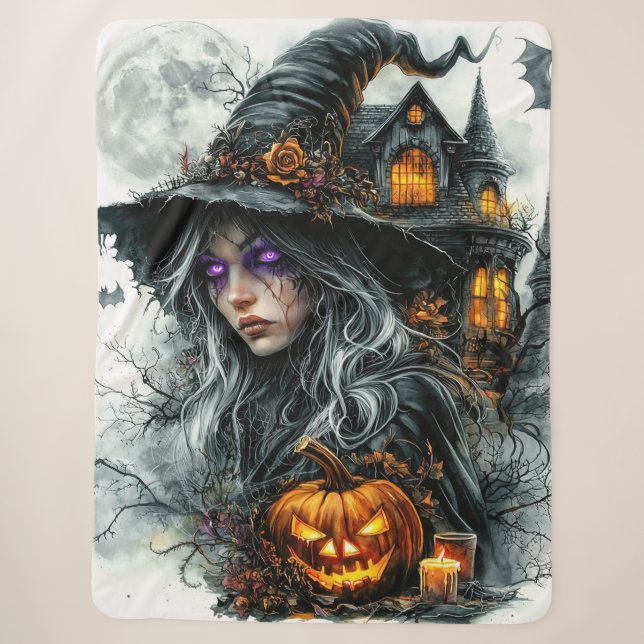 Couverture Sherpa Sorcière de Dark Fantasy & Jack-o'-Lantern Confort (Devant)