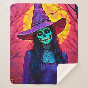 Couverture Sherpa Sorcière d'Halloween avec conception de visage crâ