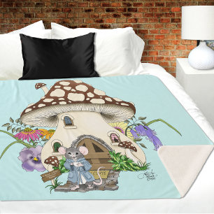 Couverture Sherpa Souris Fantaisiste Maison Champignon Floral Bleu