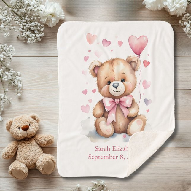 Couverture Sherpa Statistiques de naissance Ourson Rose Ruban Cœurs  (Teddy Bear with Pink bow and hearts baby girl Sherpa Baby Blanket. Personalized with name birthday)