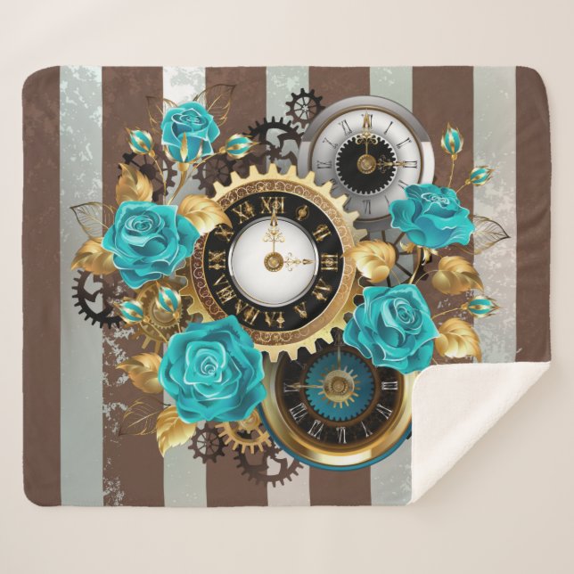 Couverture Sherpa Steampunk Clock and Turquoise Roses on Striped (Devant (Horizontal))
