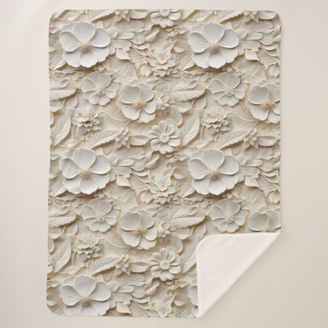 Couverture Sherpa Style 3D élégant Embossé relief floral blanc (Devant)