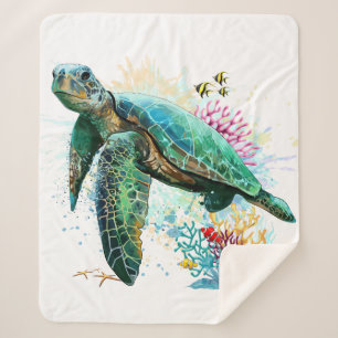 Couverture Sherpa Style d'aquarelle sous-marine de tortue marine
