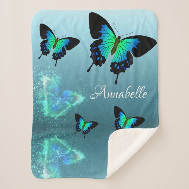 Couverture Sherpa Sublime Magnifique Aqua Turquoise Papillons (Devant)