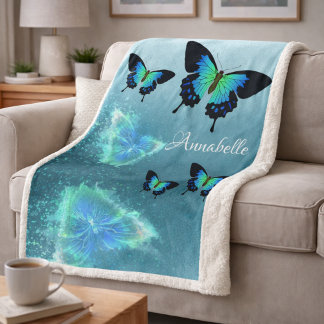 Couverture Sherpa Sublime Magnifique Aqua Turquoise Papillons