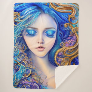 Couverture Sherpa Sunny Azur Ocean Surf Waves Blue Gold Girl Art