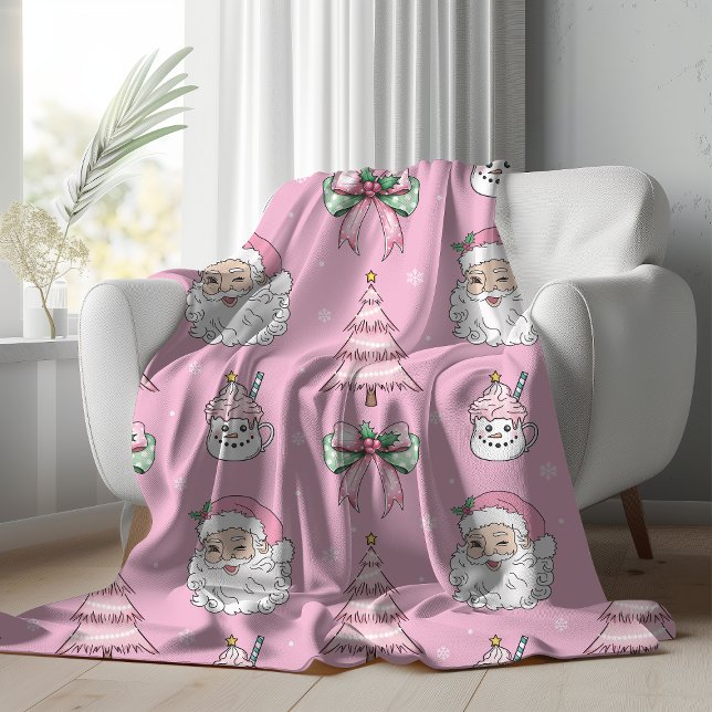 Couverture Sherpa super Retro Rose Santa Claus Win (Groovy Retro Pink Santa Claus Wink Sherpa Blanket, draped over white couch)