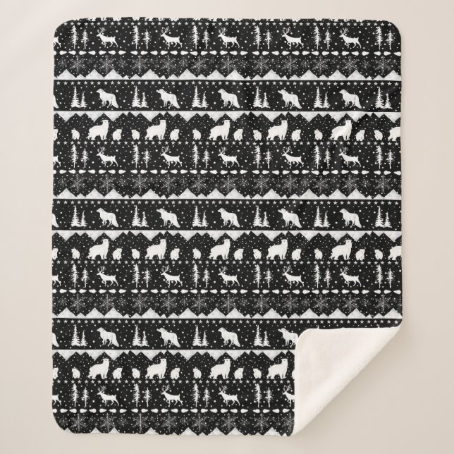 Couverture Sherpa Sweat nordique Blanc Animaux d'hiver Noir (Devant)
