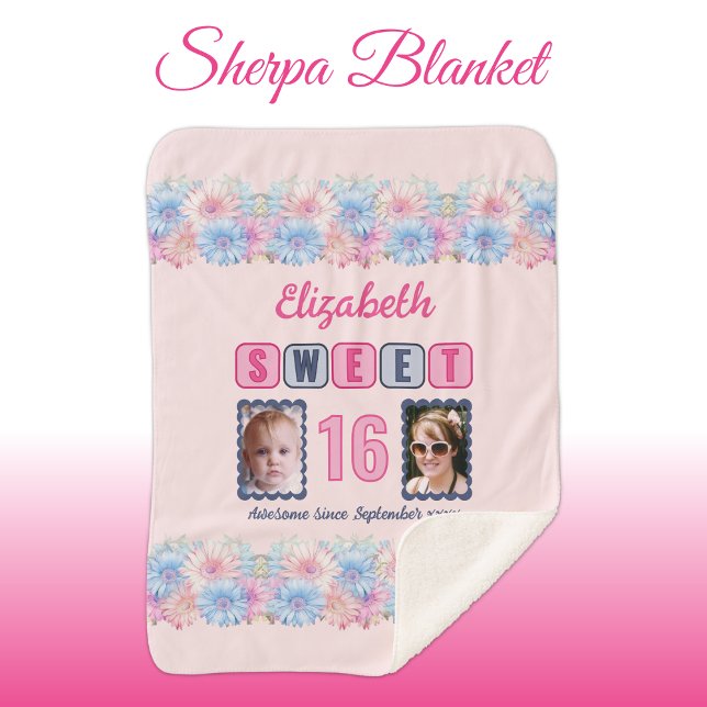 Couverture Sherpa Sweet 16 2 photo nom date fleurs rose (Créateur téléchargé)