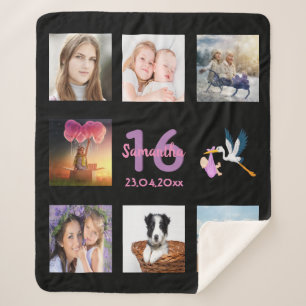 Couverture Sherpa Sweet 16 noir photo collage nom fille