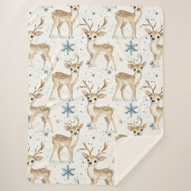 Couverture Sherpa Sweet Deer Blue Christmas Snowflakes (Devant)