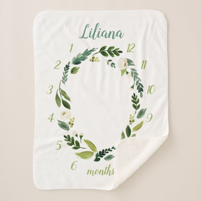 Couverture Sherpa Sweet Greenery Baby Name Monthly Milestone Photo (Devant)