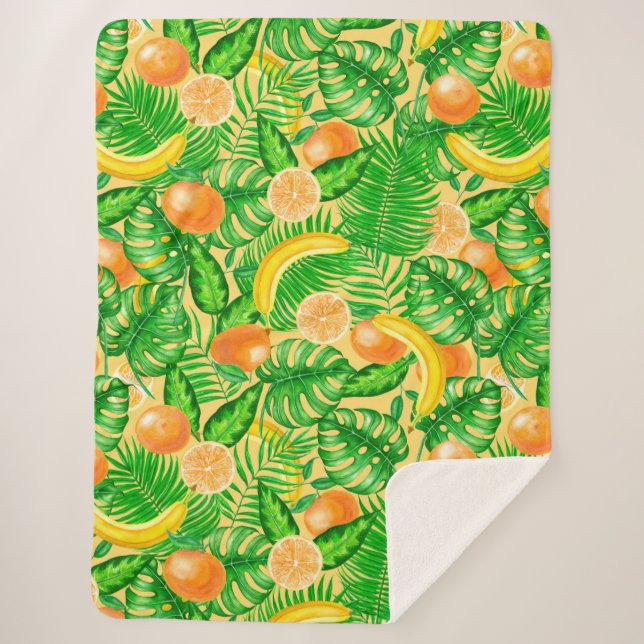 Couverture Sherpa Tangerines, bananes et feuilles tropicaux (Devant)