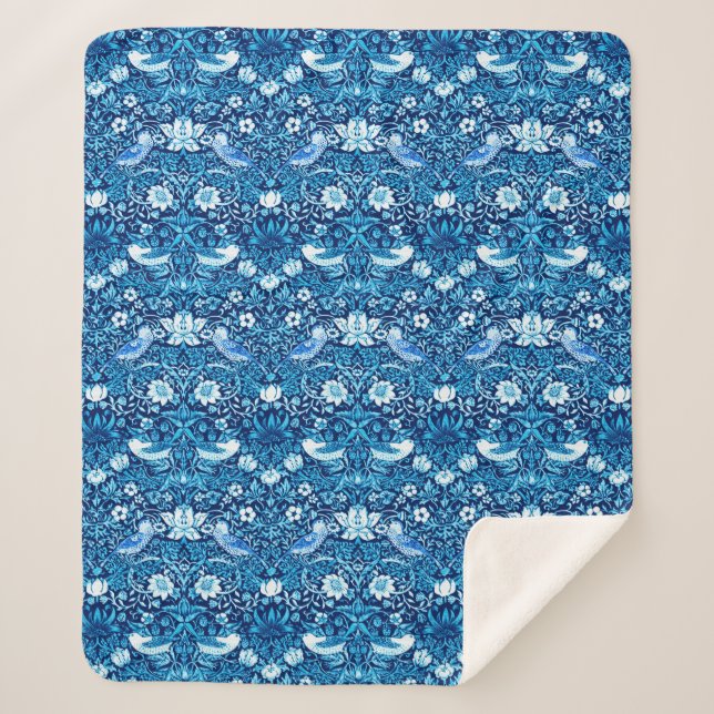 Couverture Sherpa Tapisserie Art Nouveau Oiseau et Fleur, Bleu foncé (Devant)