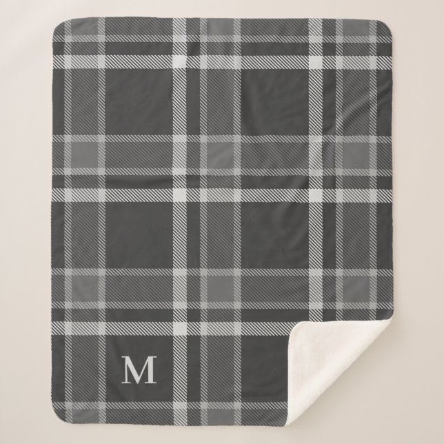 Couverture Sherpa Tartan gris de charbon foncé plaqué avec Monogramm (Devant)