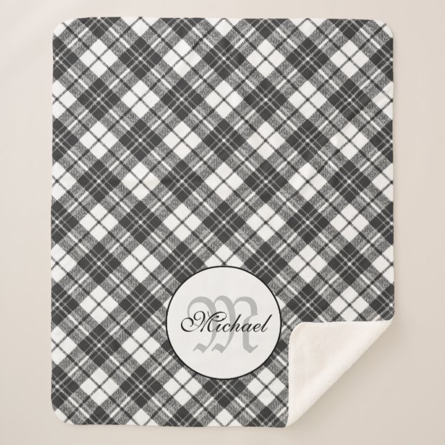 Couverture Sherpa Tartan motif Noël noir blanc Monogramme (Devant)